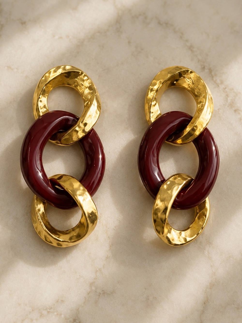 Zara Gold-Tone and Burgundy Link Drop Earrings - Women Jewelry